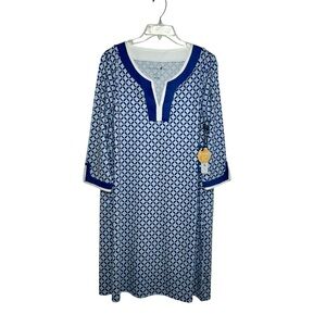 Caribbean Joe Stretch Blue White Geometric V-neck Resort BeachTunic Dress XL